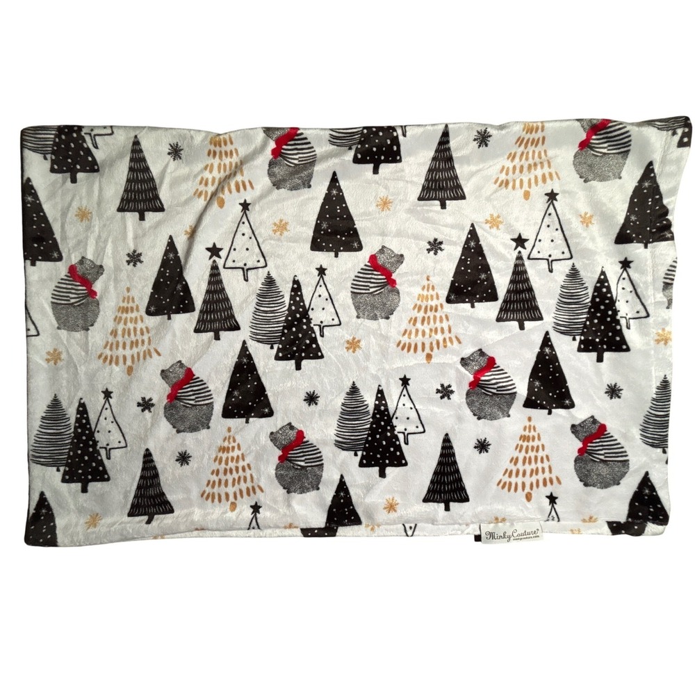 Minky Couture Christmas Bear Tree Plush Pillowcase White Black Gold Red 31x19